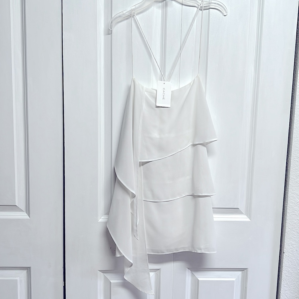 Cache White Sheer Ruffle Spaghetti Strap Tank Top Size S NWT